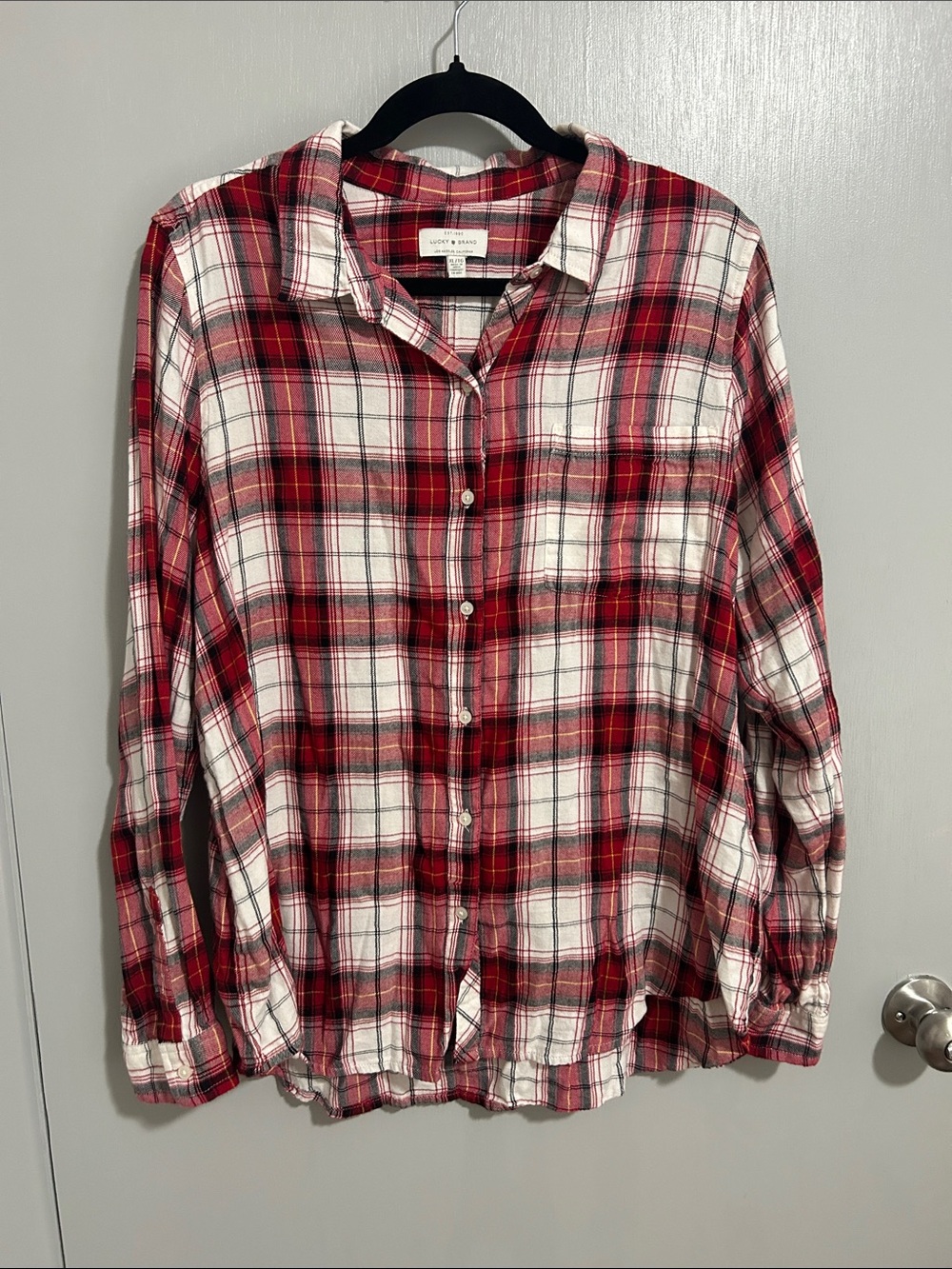 Lucky Brand Red Plaid Flannel Button Down Shirt XL Comfort Casual Fall Layer